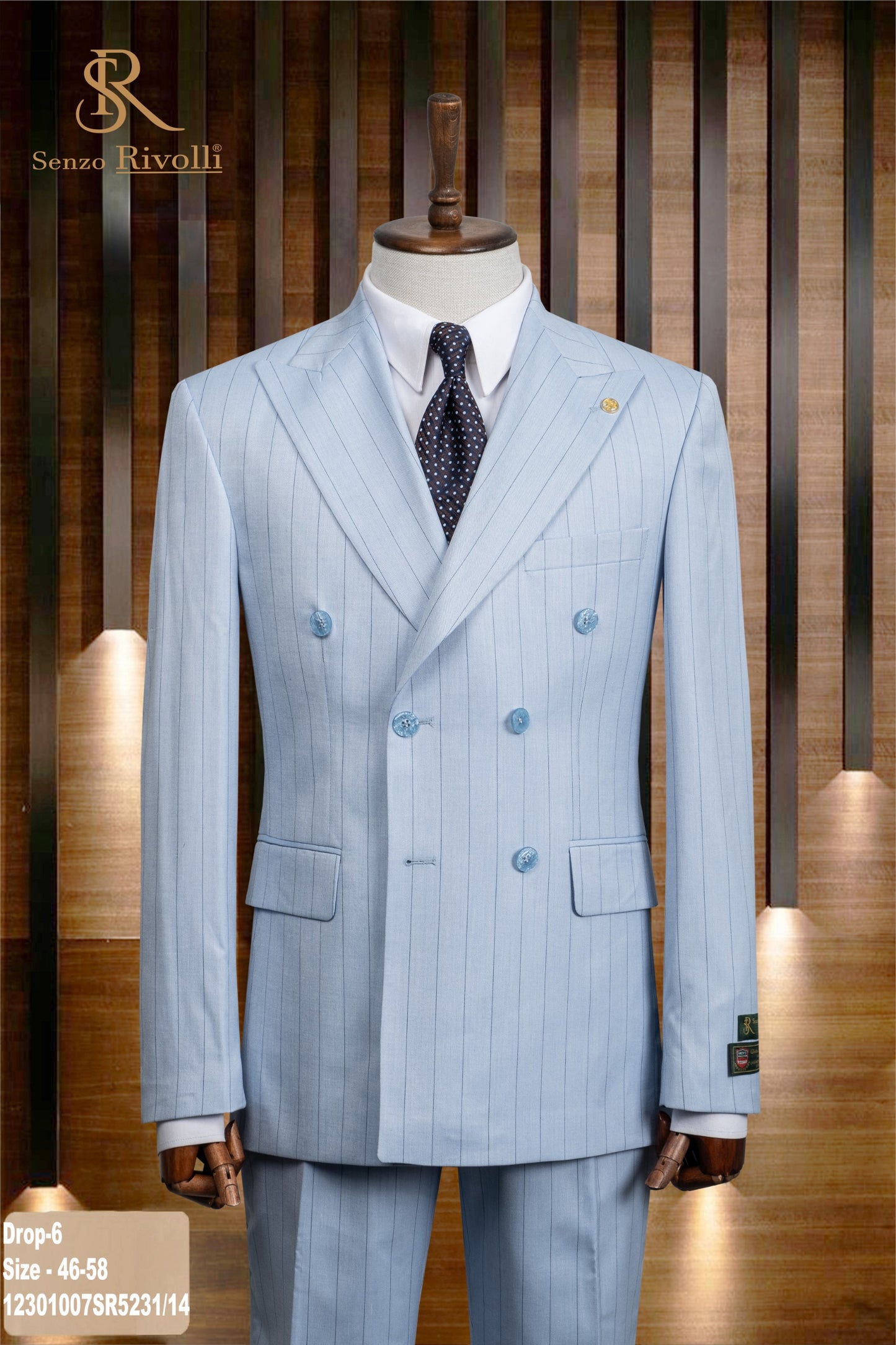 Refined Sky Blue Pinstripe Double Breasted Two-Piece Suit.