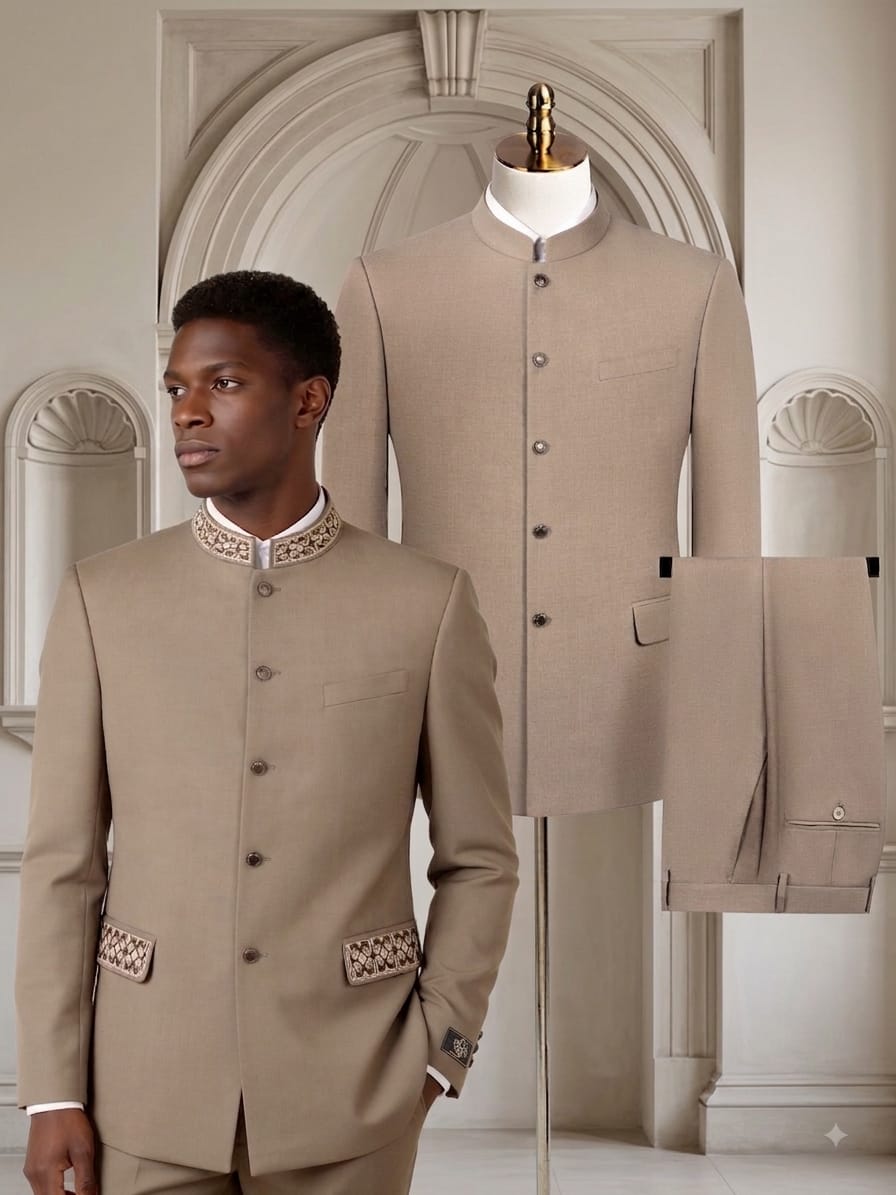 Tan Embroidery Double Vent Two Piece Premium Safari Suit.