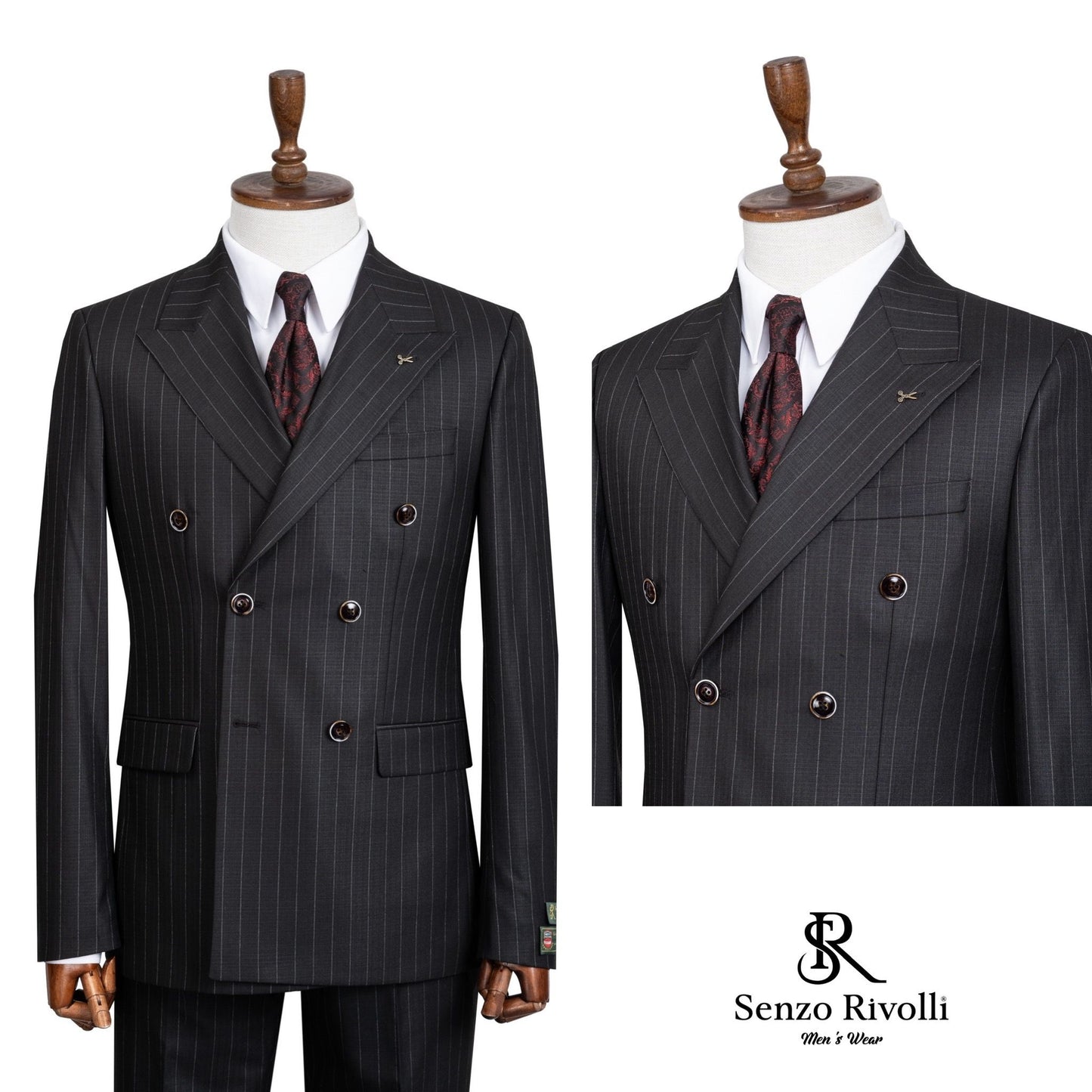 Charcoal Black Pin Stripe Double Breasted Two-Piece  Suit.