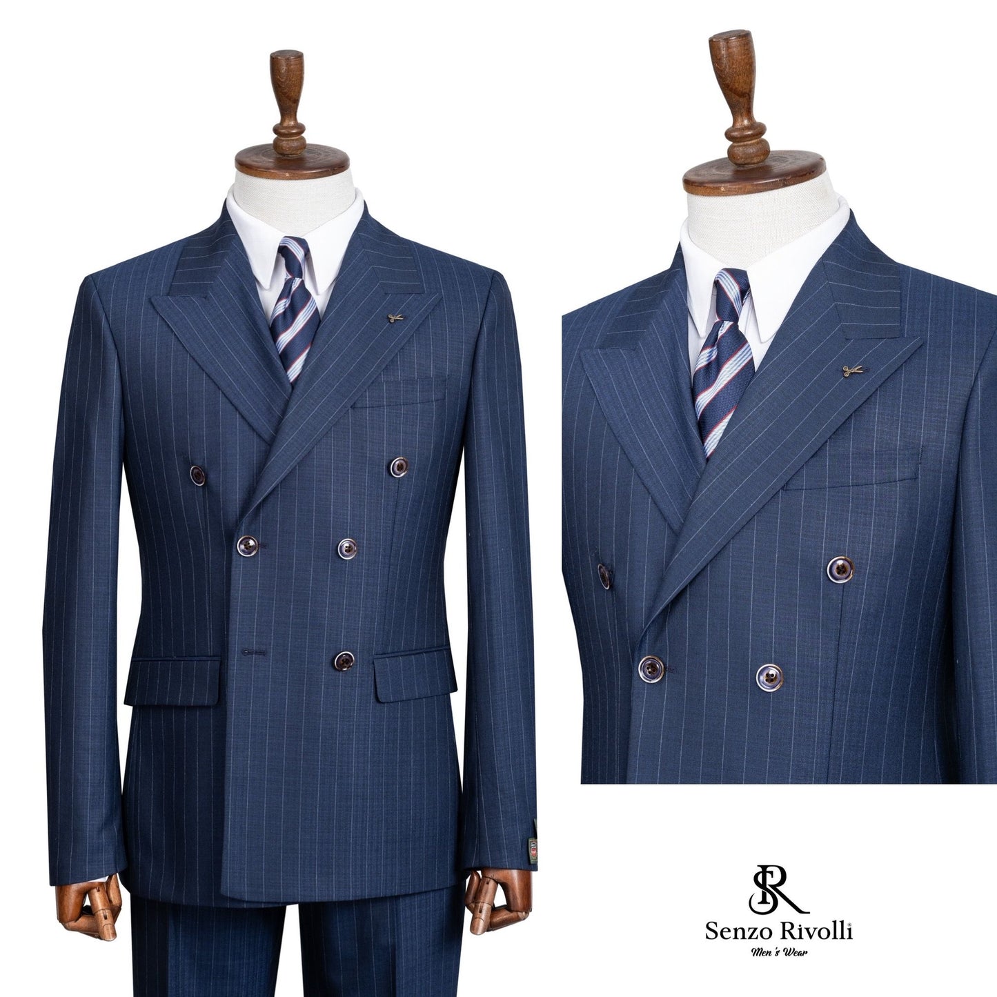 Navy Blue Pin Stripe Double Breasted Two Piece  Suit.