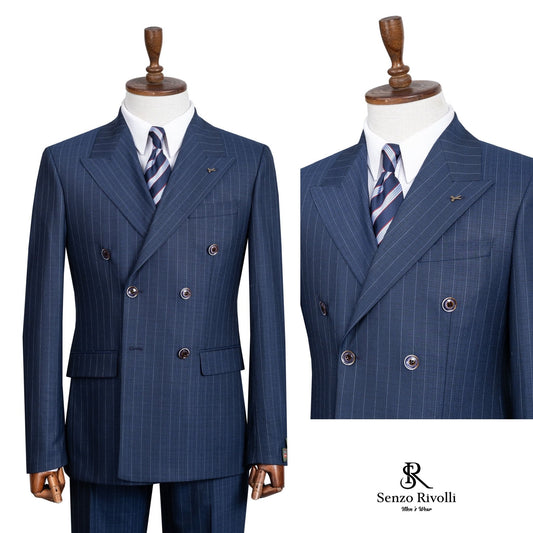Navy Blue Pin Stripe Double Breasted Two Piece  Suit.