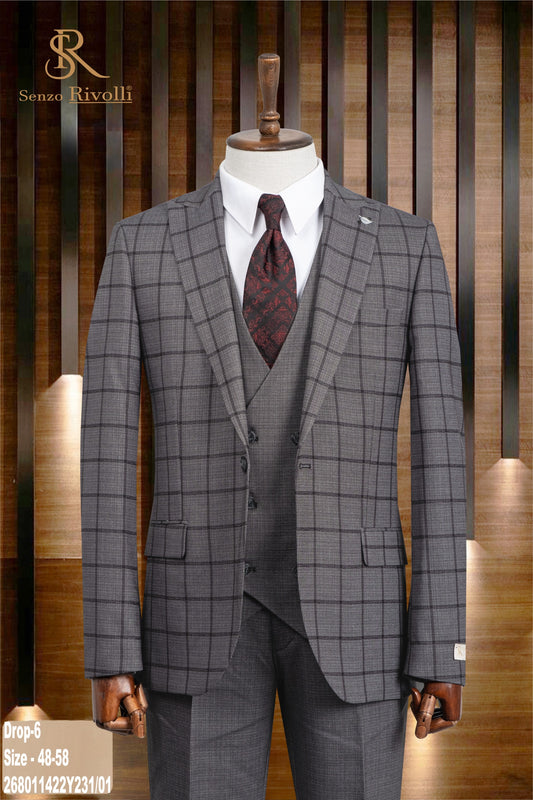 Dark Gray  Checked Three-Piece Suit.