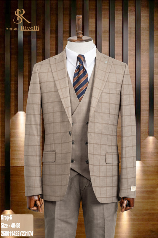 Warm Tan Checked Three-Piece Suit.