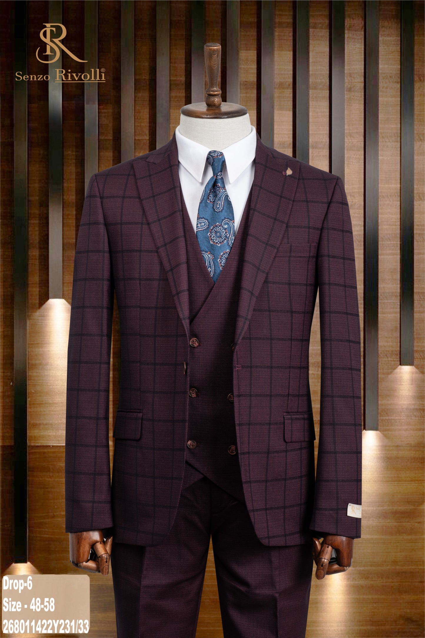 Burgundy Checked Three-Piece Suit.