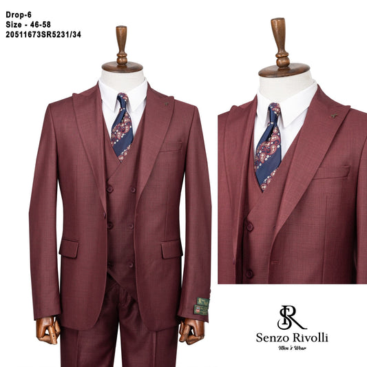 Textured Wine Colour Three-Piece Suit.