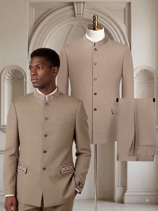 Tan Embroidery Double Vent Two Piece Premium Safari Suit.