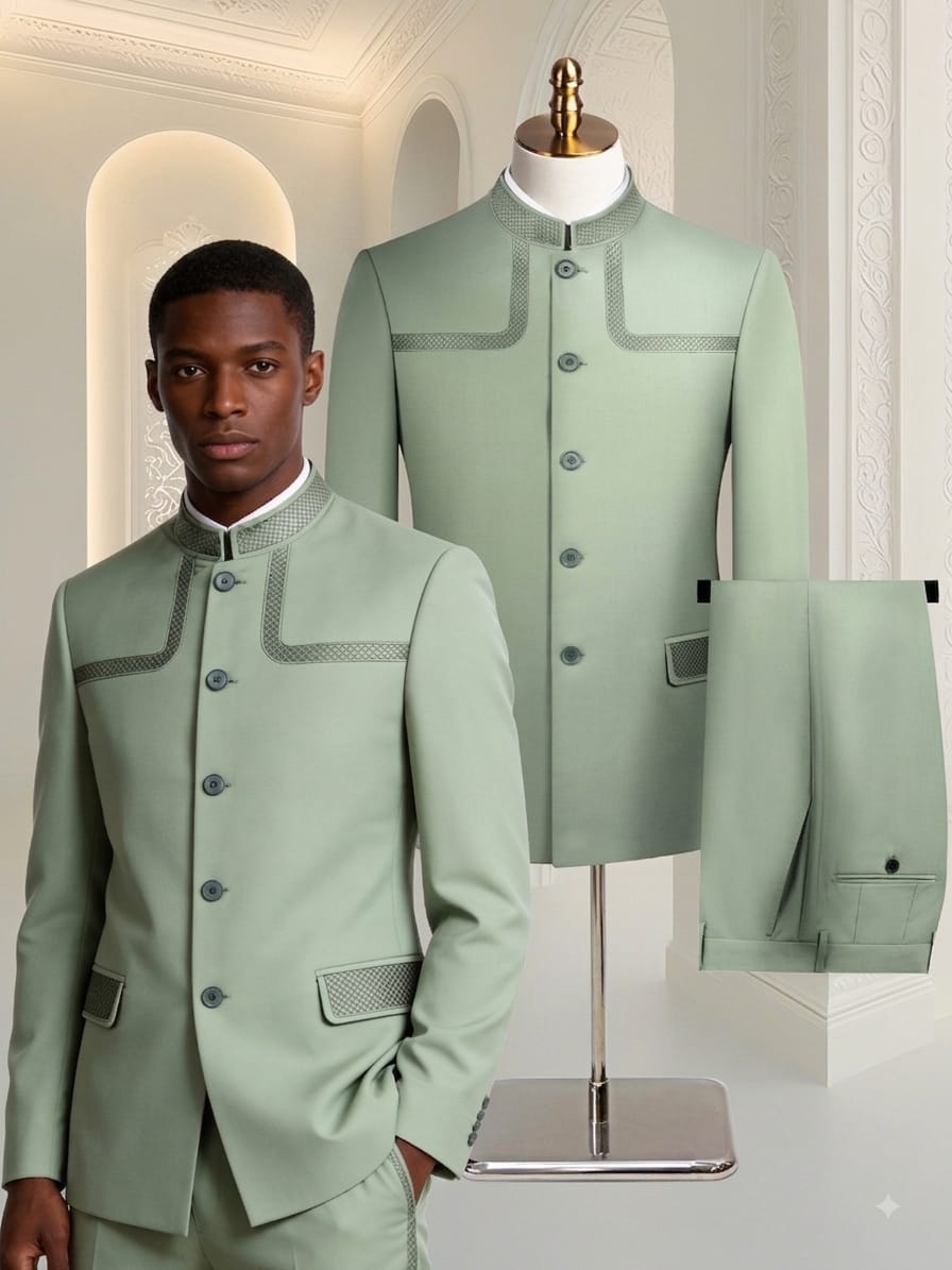 Mint Green Double Vent Two Piece Premium Safari Suit.