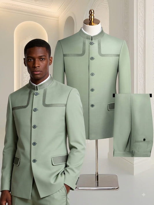 Mint Green Double Vent Two Piece Premium Safari Suit.