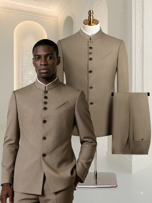 Tan Pin Stripe Double Vent Two Piece Premium Safari Suit.
