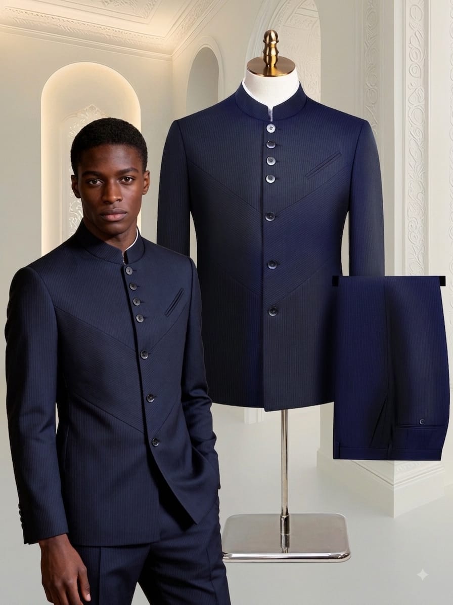 Blue Pinstripe Double Vent Two Piece Premium Safari Suit.