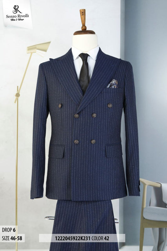 Woolish  Navy blue pin striped D. Breasted Suit by Senzo Rivoli